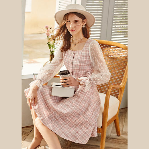 欧芮儿法式优雅网纱拼接格子连衣裙女方领中长裙女 商品图0