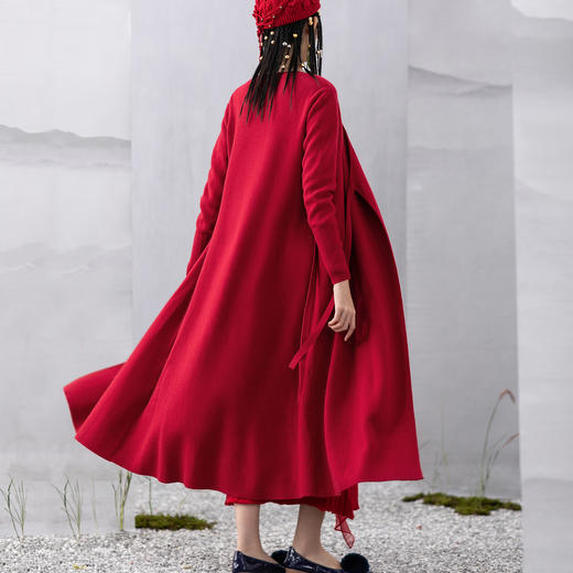 【林栖设计小店】秋冬新款汉服交襟中长款针织毛衣外套女手工钩花开衫 商品图3