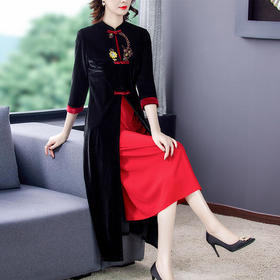 AHM-yslg8387冬季新款中国风洋气刺绣假两件丝绒旗袍裙
