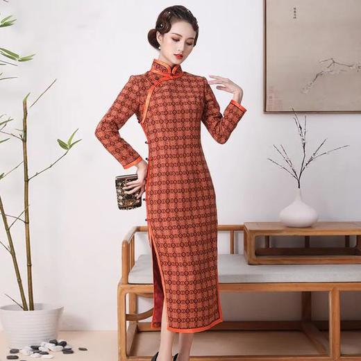 FD-QC16980262020新款高端优雅气质手工盘扣立领长袖长款开叉毛呢旗袍裙 商品图2