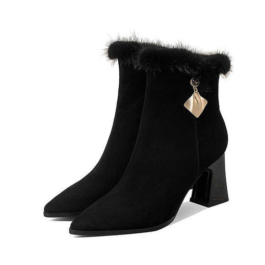 RB889冬季新品粗跟尖头短靴大码保暖加绒高跟靴 商品图4