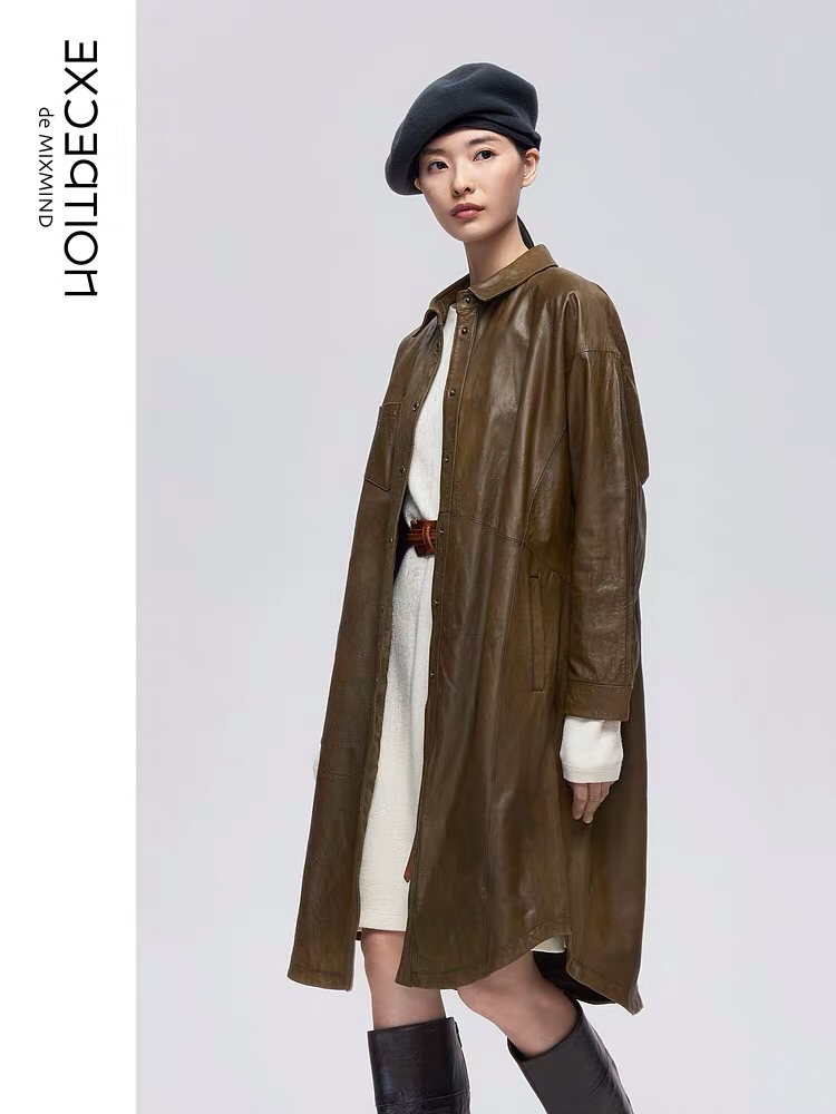 例外/EXCEPTION 女装2020秋季新款时尚手工擦色翻领皮衣中长款外套 - 温州时代广场购物中心