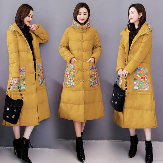 WZNH-RSLD1928新款时尚优雅气质连帽加厚口袋刺绣长款棉服 商品图3