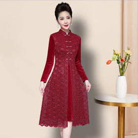 LT-8350中长裙中腰气质法式套头纯色复古气质通勤松紧腰红色女装