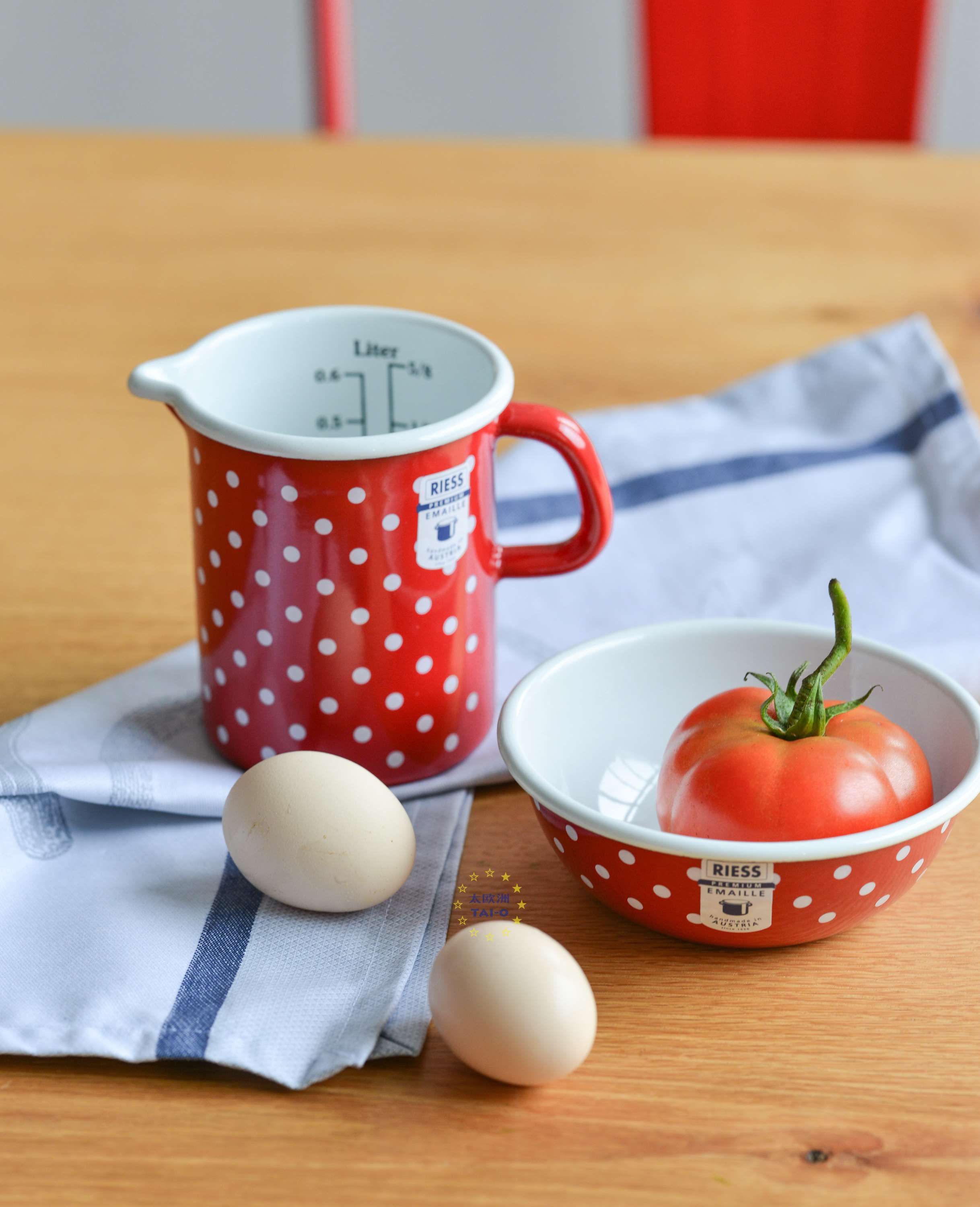 2019新奥地利制riess经典田园红白波点系列搪瓷马克咖啡杯量杯碗