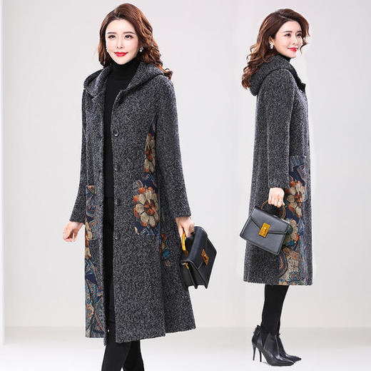 W-25冬装新款大码简约文艺气质连帽毛呢外套大衣印花厚 商品图0