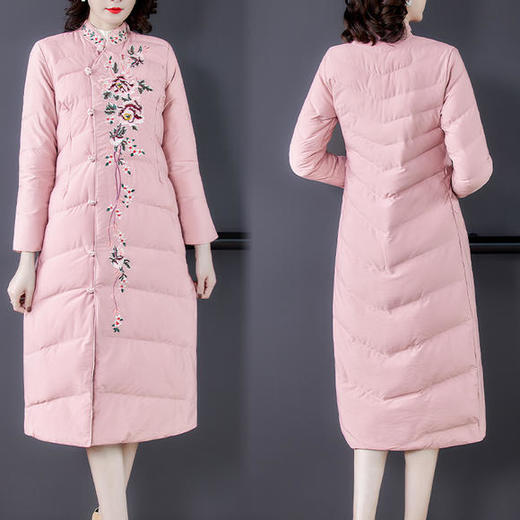 QNY-8920冬季新款重工刺绣长袖盘扣中长款棉服 商品图4
