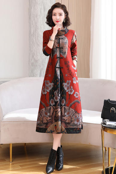 WZNH-YYG82590盘扣改良旗袍高领长袖连衣裙 商品图4