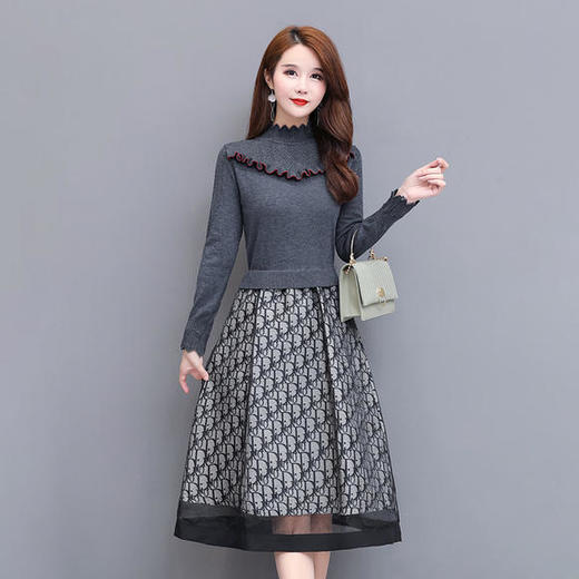 HT-N-352-8134-960新款时尚优雅气质半高领长袖拼接针织假两件连衣裙 商品图0