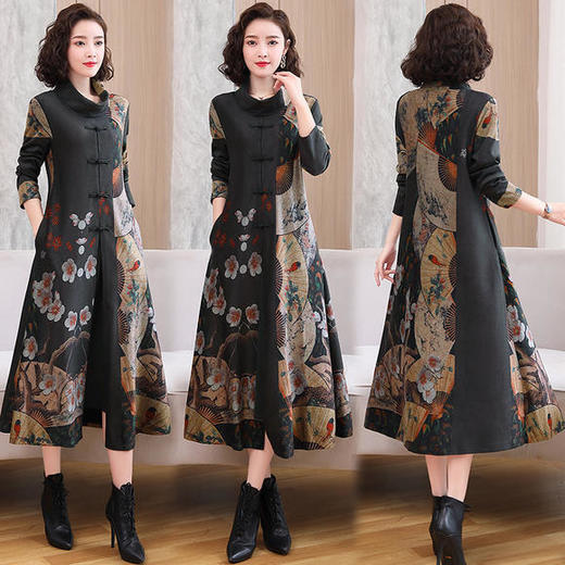 WZNH-YYG82590盘扣改良旗袍高领长袖连衣裙 商品图0