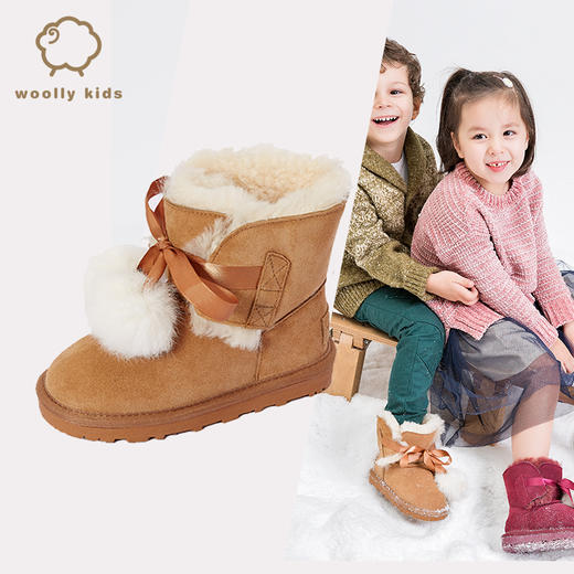 现货  澳洲woollykids小羊沃利儿童雪地靴男童女童鞋冬保暖毛球经典木扣真皮短靴 商品图0