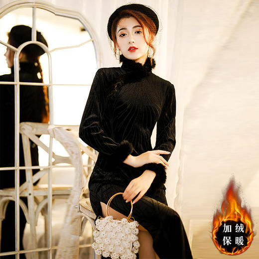 HQ-JYC-056加绒加厚绣花毛领优雅气质改良旗袍复古中国风连衣裙 商品图1