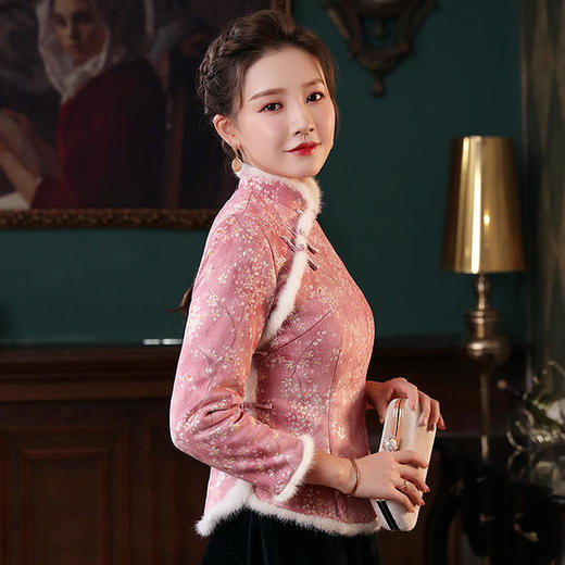 【芬梅】修身保暖，麂皮绒夹棉水貂毛领中式旗袍上衣XGT-T2448 商品图2