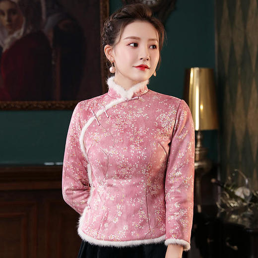 【芬梅】修身保暖，麂皮绒夹棉水貂毛领中式旗袍上衣XGT-T2448 商品图3