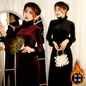 HQ-JYC-056加绒加厚绣花毛领优雅气质改良旗袍复古中国风连衣裙