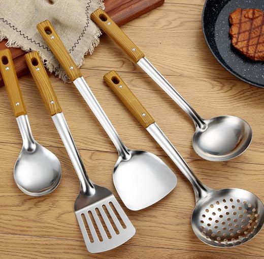 *仿木纹柄不锈钢锅铲汤勺煎铲漏勺隔热厨具厨房家用炒菜 商品图3