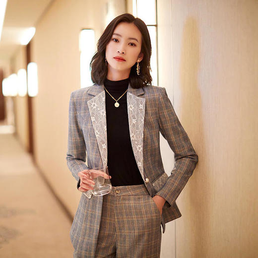 OMW8972KL新款时尚气质修身格纹小西装外套裤子两件套 商品图1