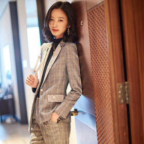 OMW8972KL新款时尚气质修身格纹小西装外套裤子两件套