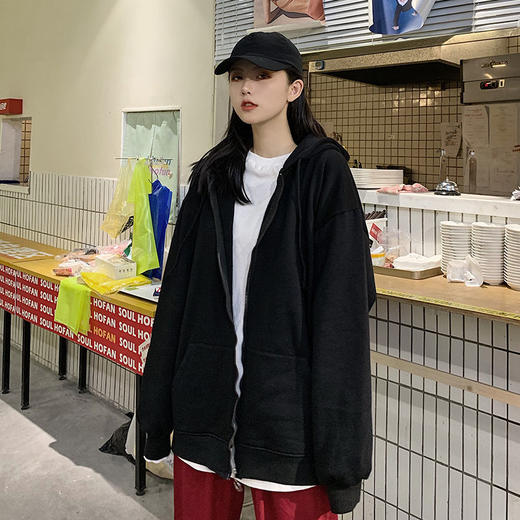 秋冬韩版ins原宿风加绒加厚宽松纯色百搭休闲连帽卫衣开衫外套女 商品图1