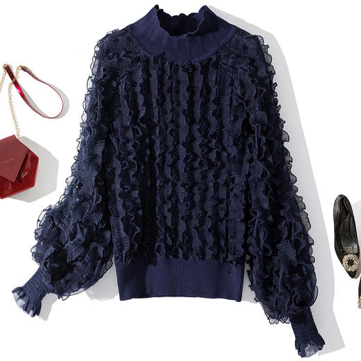 YLYM-M6283女装新款半高领褶皱木耳边灯笼袖显瘦气质针织衫 商品图0