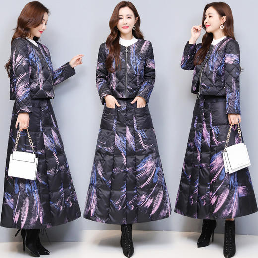 WZNH-YM2070A羽绒服套装裙女短款外套白鸭绒过膝冬装半身裙两件套 商品图0