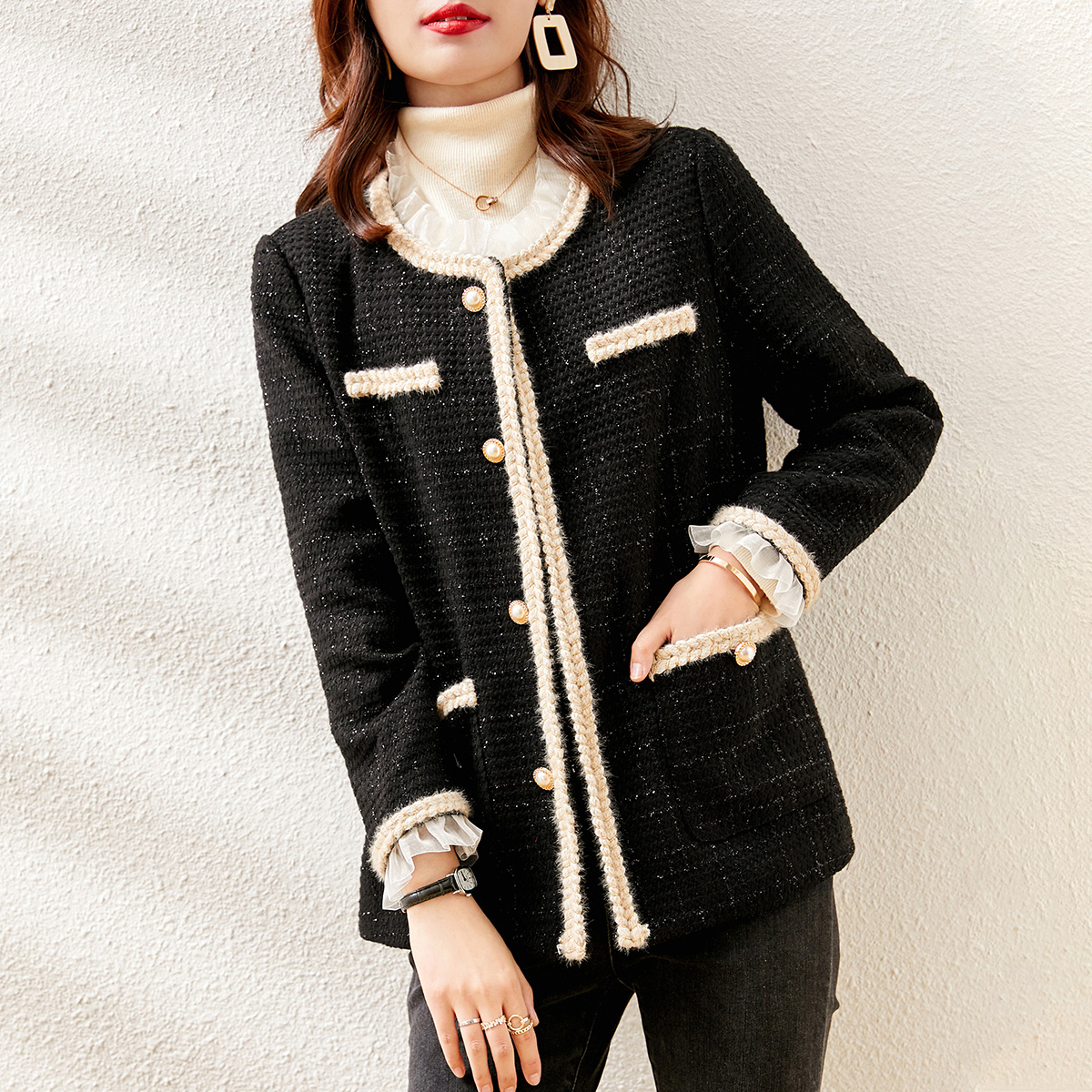 《xwi#冬季新品》法式优雅气质通勤小香风织带镶拼木耳边女式外套