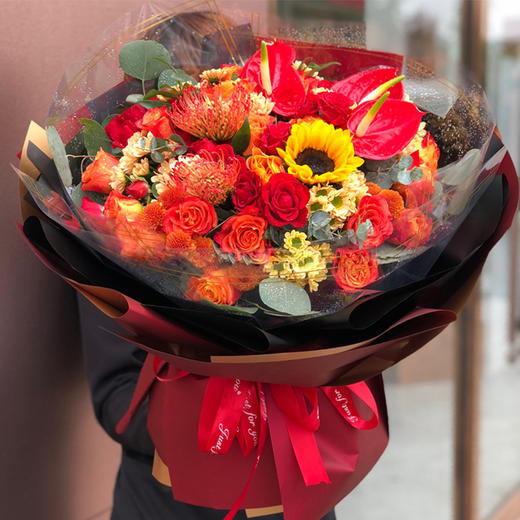 喜庆红掌天堂鸟混搭大花束花篮送长辈领导老师朋友生日升职贺寿开张乔迁送礼 商品图0