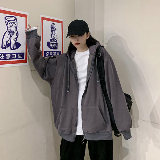 秋冬韩版ins原宿风加绒加厚宽松纯色百搭休闲连帽卫衣开衫外套女 商品图4