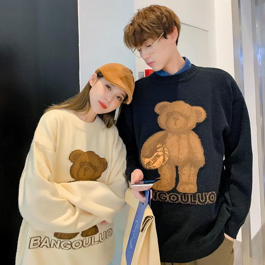 潮牌秋冬小熊卡通毛衣男女学生日系慵懒风宽松套头情侣装针织衫 商品图2