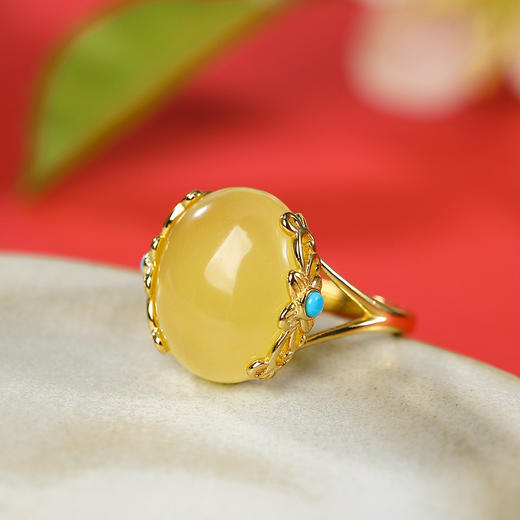 s925纯银镀金镶嵌天然蜜蜡戒指时尚气质琥珀女士开口指环cw002-692