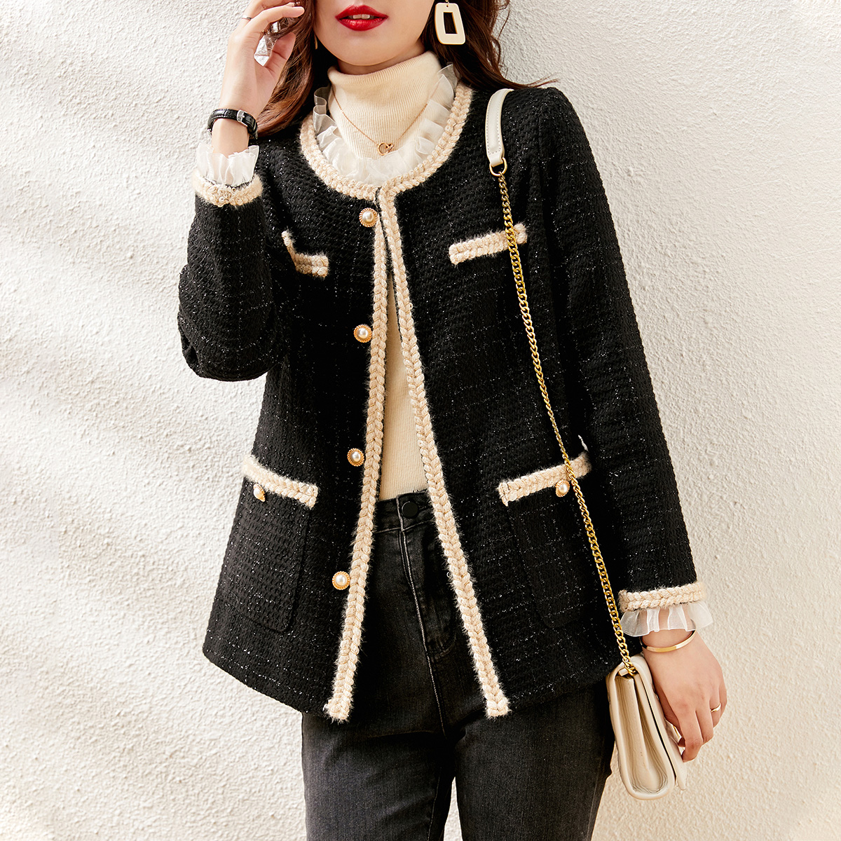 《xwi#冬季新品》法式优雅气质通勤小香风织带镶拼木耳边女式外套