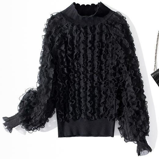 YLYM-M6283女装新款半高领褶皱木耳边灯笼袖显瘦气质针织衫 商品图2