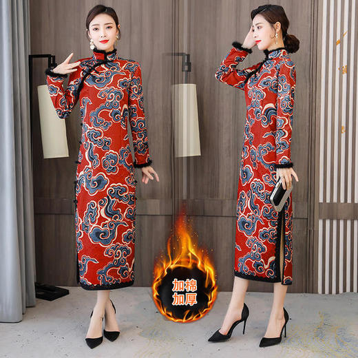 HT-N-B29-2351秋冬新款修身显瘦夹棉印花旗袍裙 商品图0