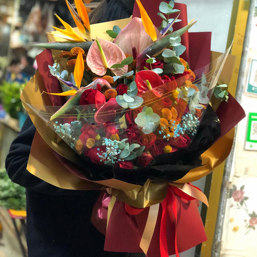 喜庆红掌天堂鸟混搭大花束花篮送长辈领导老师朋友生日升职贺寿开张乔迁送礼 商品图1