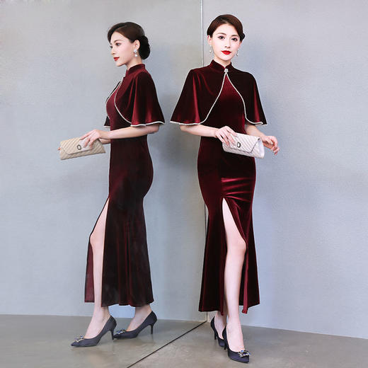 上海旗袍厂QQX-LM4098金丝绒改良旗袍鱼尾裙2020年秋冬款性感高开叉礼服两件套斗篷披肩 商品图0
