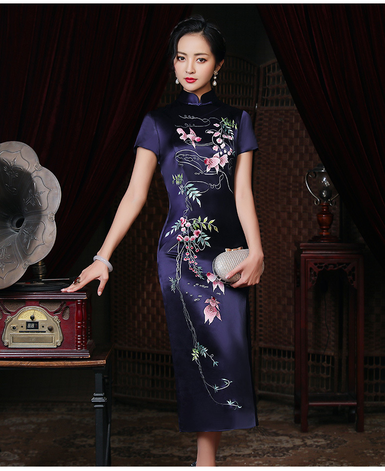 lhs2020新款中国风优雅气质修身立领醋酸绣花长款旗袍裙tzf