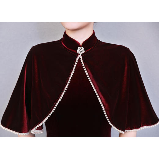 上海旗袍厂QQX-LM4098金丝绒改良旗袍鱼尾裙2020年秋冬款性感高开叉礼服两件套斗篷披肩 商品图7