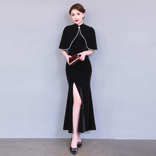 上海旗袍厂QQX-LM4098金丝绒改良旗袍鱼尾裙2020年秋冬款性感高开叉礼服两件套斗篷披肩 商品图1
