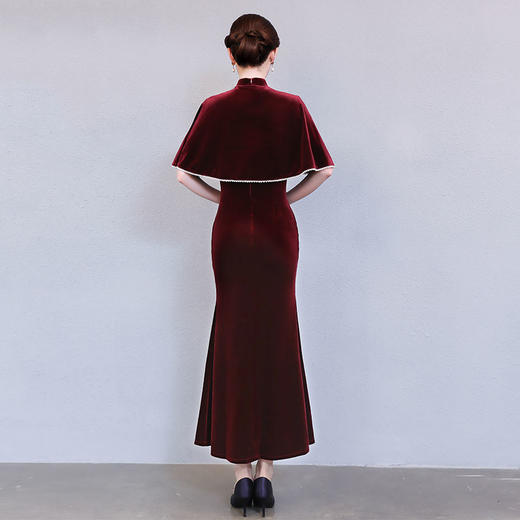 上海旗袍厂QQX-LM4098金丝绒改良旗袍鱼尾裙2020年秋冬款性感高开叉礼服两件套斗篷披肩 商品图4