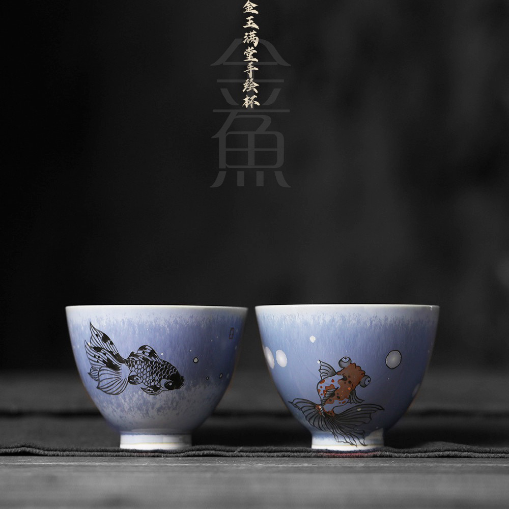 景德镇 粉彩 手绘 金鱼 功夫茶杯品茗杯主人杯