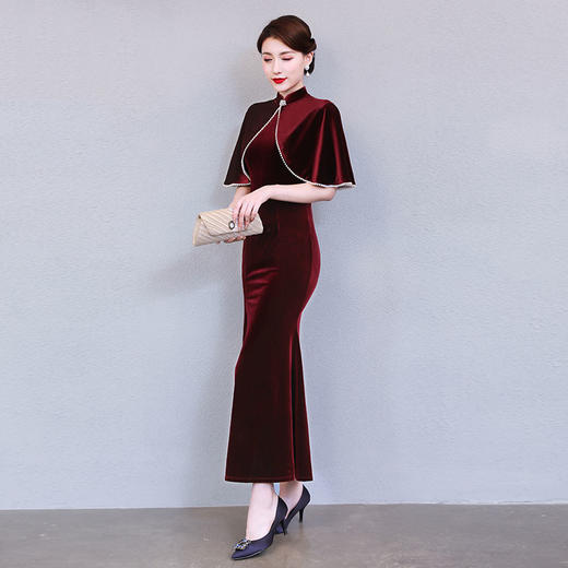 上海旗袍厂QQX-LM4098金丝绒改良旗袍鱼尾裙2020年秋冬款性感高开叉礼服两件套斗篷披肩 商品图3