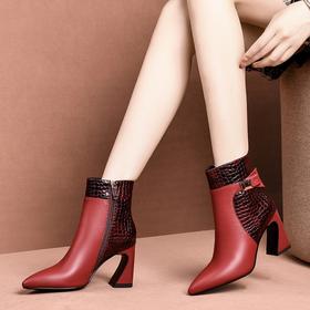 OLD-19585粗跟短靴女新款尖头时尚粗跟高跟鞋女百搭真皮靴