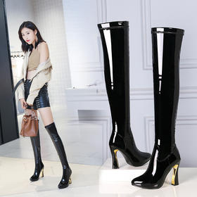 OLD-558长靴粗跟过膝靴高跟弹力靴白色女靴漆皮黑色靴子女长筒靴