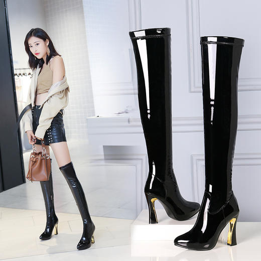 OLD-558长靴粗跟过膝靴高跟弹力靴白色女靴漆皮黑色靴子女长筒靴 商品图0