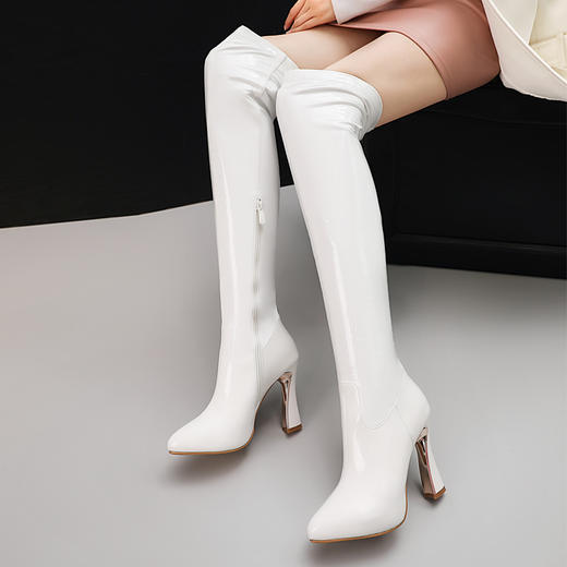 OLD-558长靴粗跟过膝靴高跟弹力靴白色女靴漆皮黑色靴子女长筒靴 商品图2