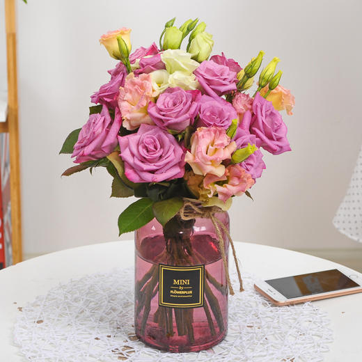 【不含花瓶】10枝玫瑰搭配洋桔梗-生活插花办公室家庭家居鲜花惊喜送