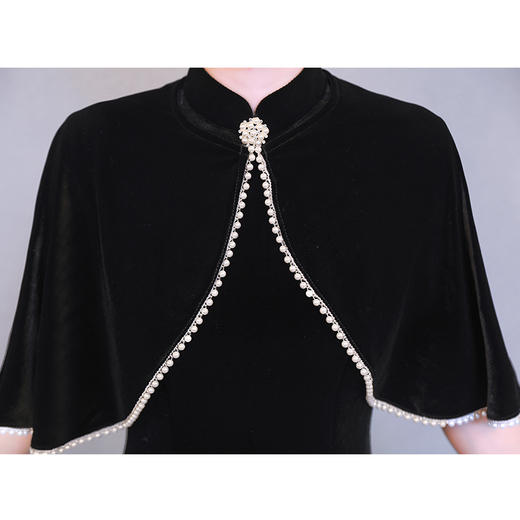 上海旗袍厂QQX-LM4098金丝绒改良旗袍鱼尾裙2020年秋冬款性感高开叉礼服两件套斗篷披肩 商品图8