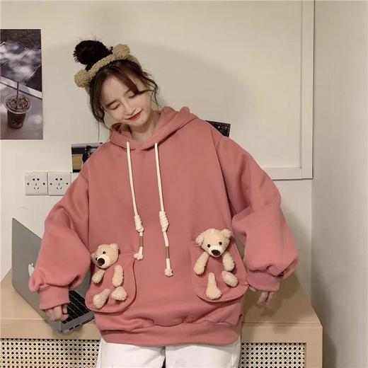 秋冬新款加绒加厚宽松学生可爱口袋小熊卫衣连帽长袖nis超火外套七夕情人节 商品图1
