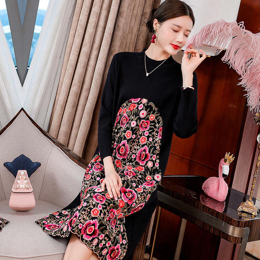 MY-201秋冬弹力宽松复古碎花刺绣中国风改良旗袍A字裙妮子连衣裙 商品图3