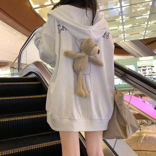 2021冬季新款加绒加厚学生上衣宽松可爱小熊卫衣女连帽薄款外套潮七夕情人节 商品图3